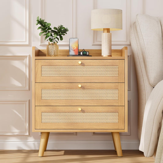 Rattan Nightstand with Charging Station, Night Stand with 3 Large Drawers, Side Table with USB Ports and Outlets, Bedside End Table for Bedroom