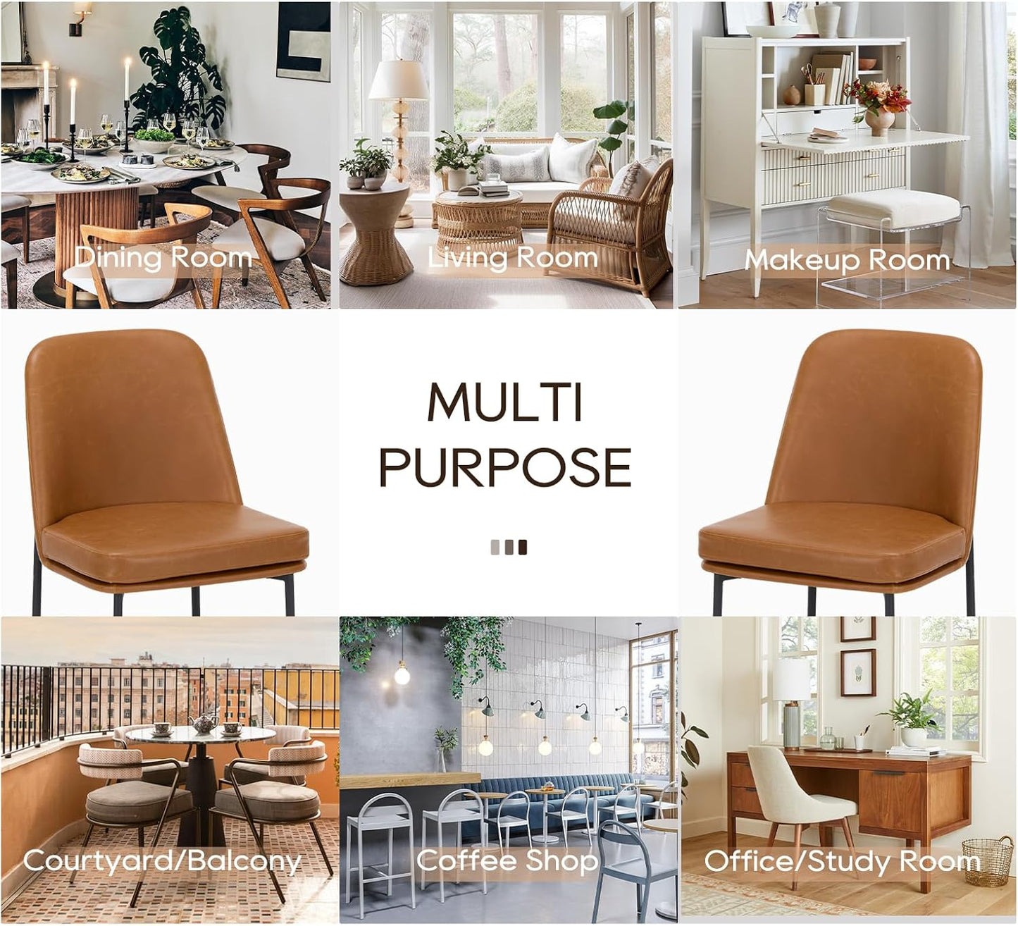 COLAMY Modern Dining Chairs Set of 2, Faux Leather Upholstered Dining Room Chairs Kitchen Chairs Dinner Chair with Curved Back and Metal Legs, Brown