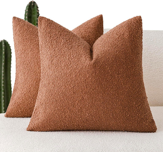 Foindtower Set of 2, Decorative Textured Boucle Throw Pillow Covers Accent Solid Pillow Cases Neutral Couch Cushion Case for Chair Sofa Bedroom Living Room Home Decor 16x16 Inch Burnt Orange Hazel