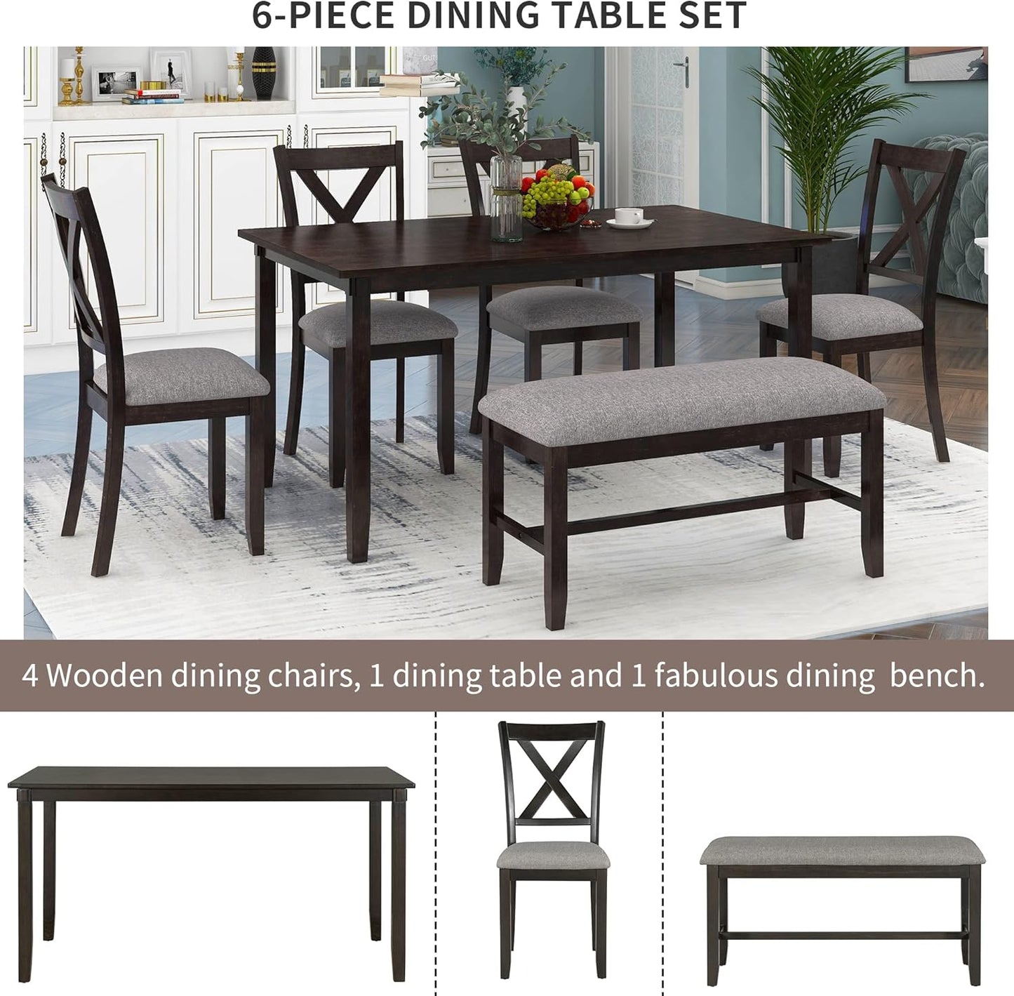 SogesPower 6-Piece Kitchen Dining Table Set for 4-6,Rectangular Dining Table with 4 Fabric Chairs & 1 Bench for Dining Room Living Room,Espresso
