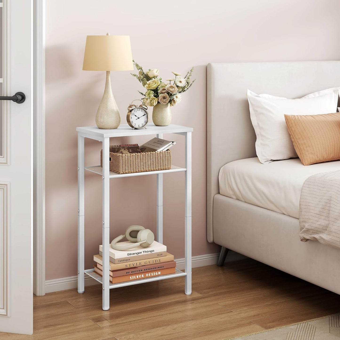 Hoctieon 3 Tier End Table, Telephone Table, Narrow Side Table with Storage, Nightstand for Small Spaces, Metal Frame, for Living Room, Bedroom, Sofa Couch, Hall, Easy Assembly, White