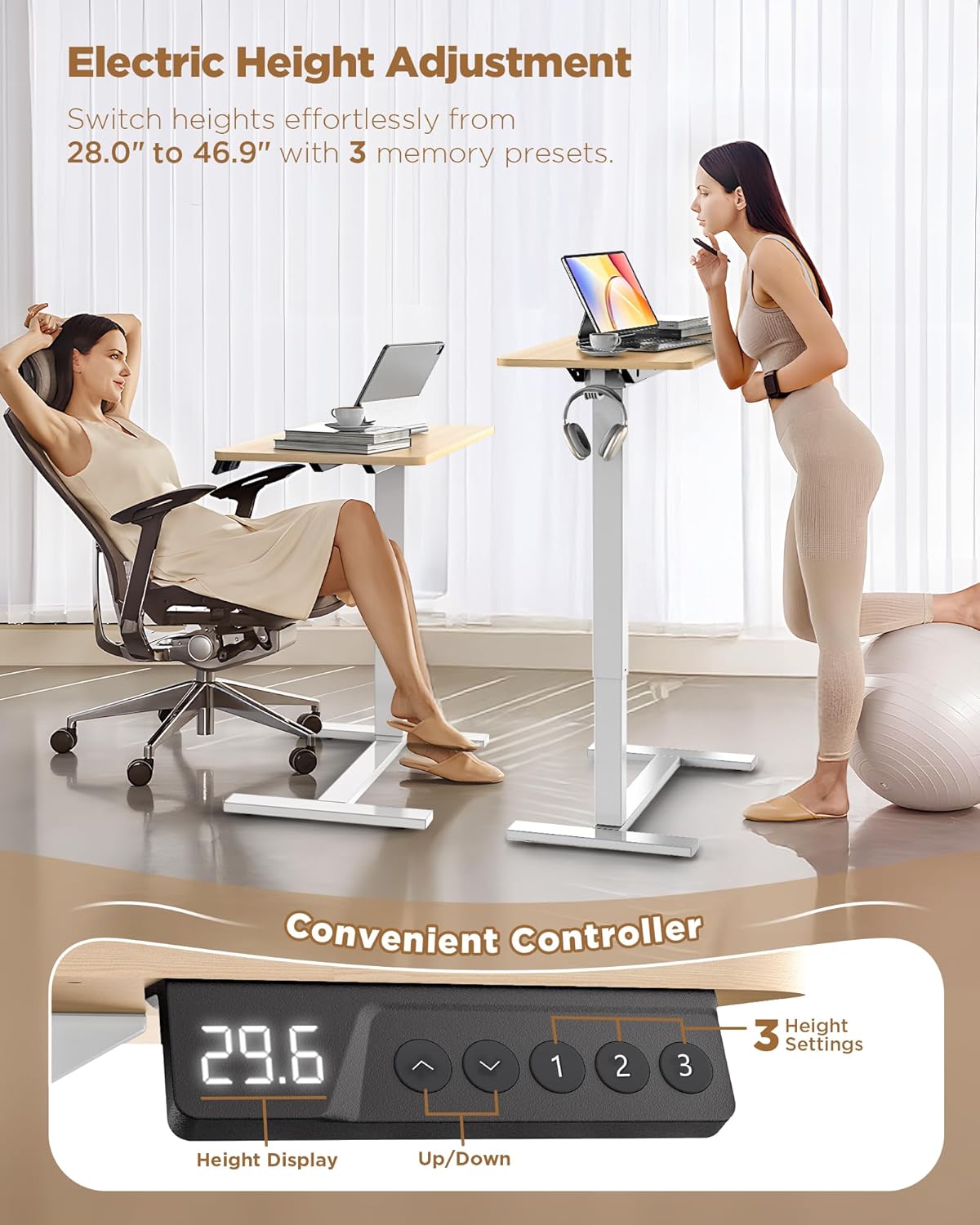 Electric Adjustable Height Standing Desk - Small Sit Stand Portable Rolling Laptop Table with Hidden Wheels, Small Computer Workstation for Bedside & Home Office Use (24"x16", Oak)
