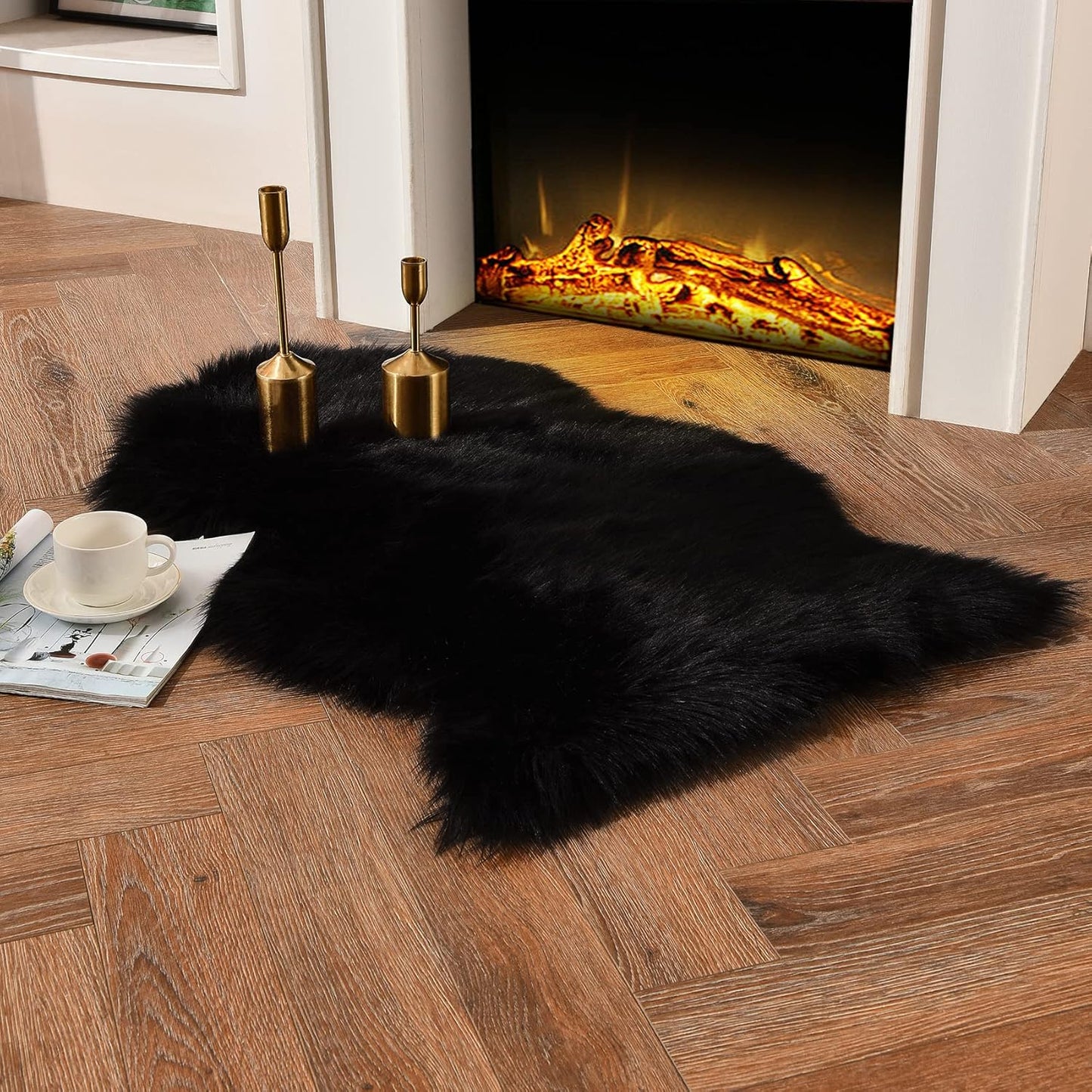 duduta Black Faux Sheepskin Fur Throw Rug 2x3 ft, Fluffy Shag Chair Cover Small Bedside Dorm Rug Non Slip Machine Washable