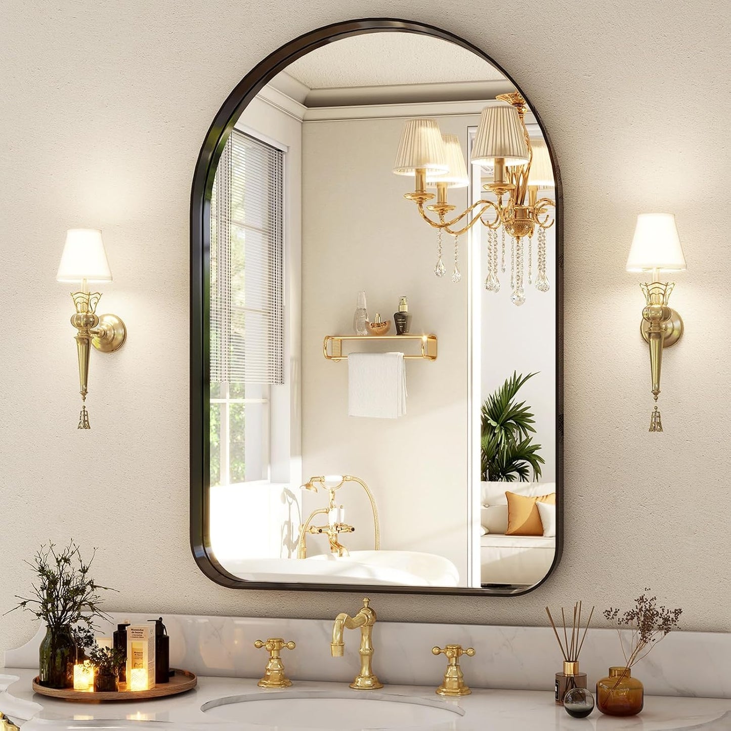 38"x26" Arched Bathroom Mirror - Modern Black Mirror for Wall with Rounded Corners, Bathroom Mirror for Vanity, Aluminum Alloy Framed Mirror - for Living Room, Bedroom, Cloakroom