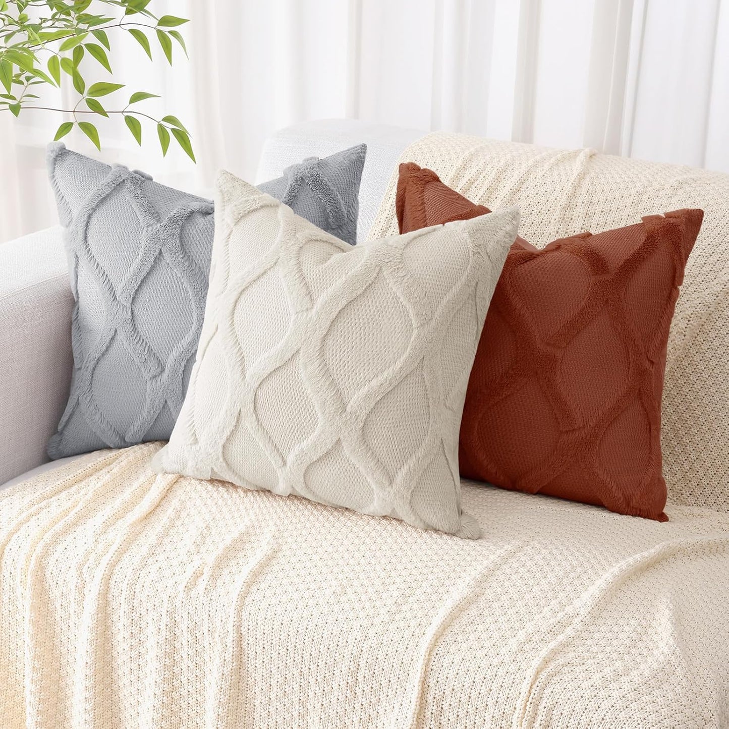 decorUhome Throw Pillow Covers 24x24 Inch Set of 2, Soft Plush Faux Fur Wool Grey Couch Pillow Covers, Decorative Neutral Pillow Cases for Bed Sofa Living Room Home Decor