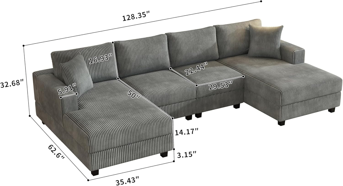 Eafurn Oversized Symmetrical U Shaped Modular Sectional Sofa with Double Chaise Lounge, Reversible Corduroy Upholstered Sofa Extra Wide Deep Seat Sleeper Sofas Couches w/ 2 Pillows