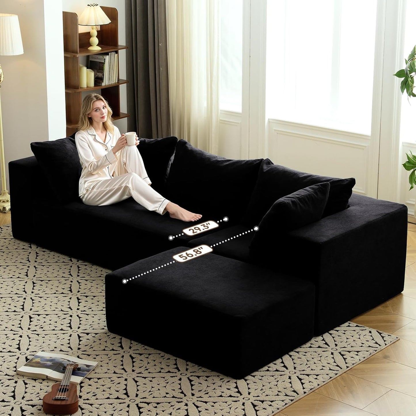 Vamcheer Modular Sectional Sofa with Chaise, Modern L Shaped Cloud Couch with Deep Seat, Sectional Couches for Living Room, Bedroom, Office, No Assembly Required, Black