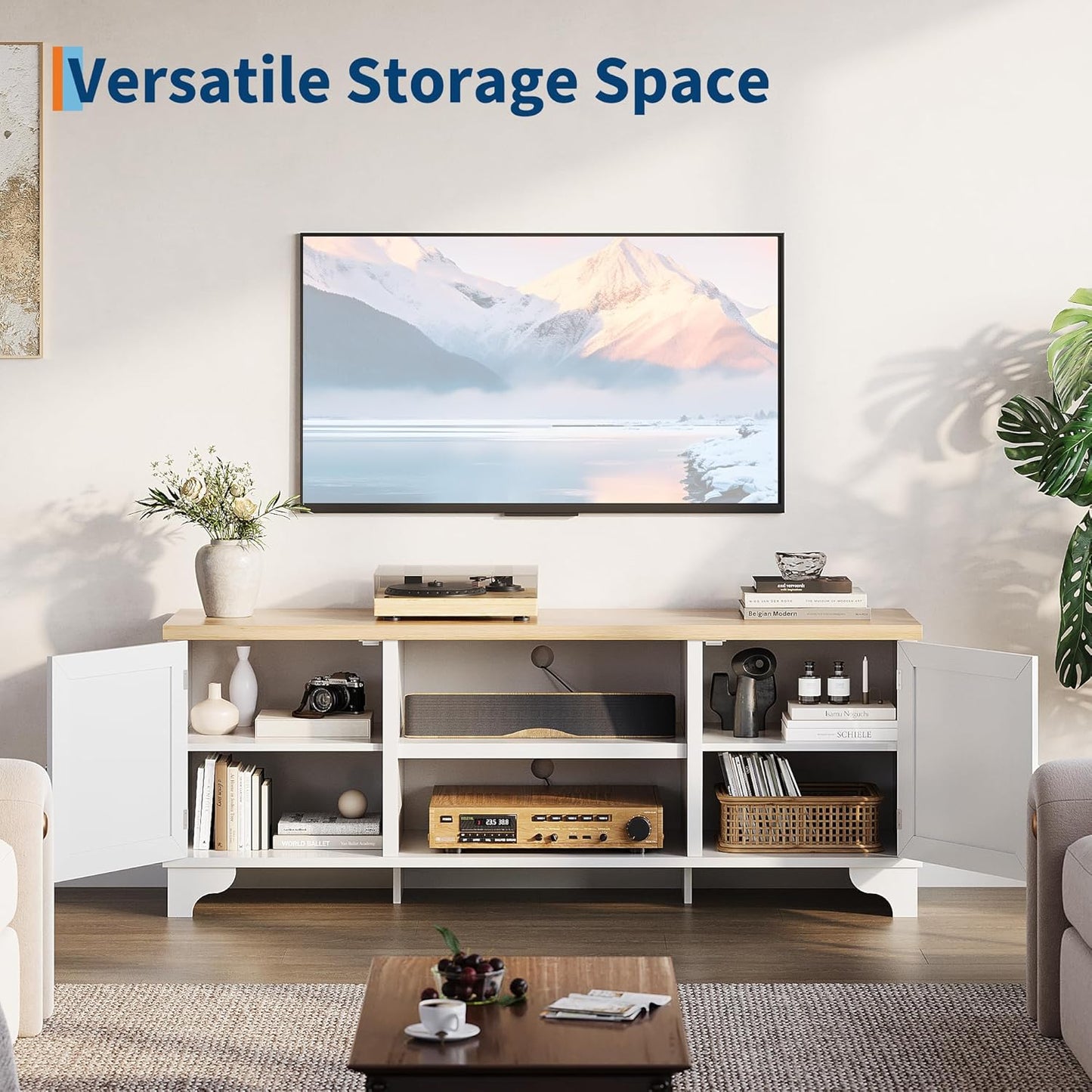 GarveeHome Rattan TV Stand for 70 Inch TV, Boho Entertainment Center with Cabinets & Open Shelves, Wooden Media Console Table for Living Room, White