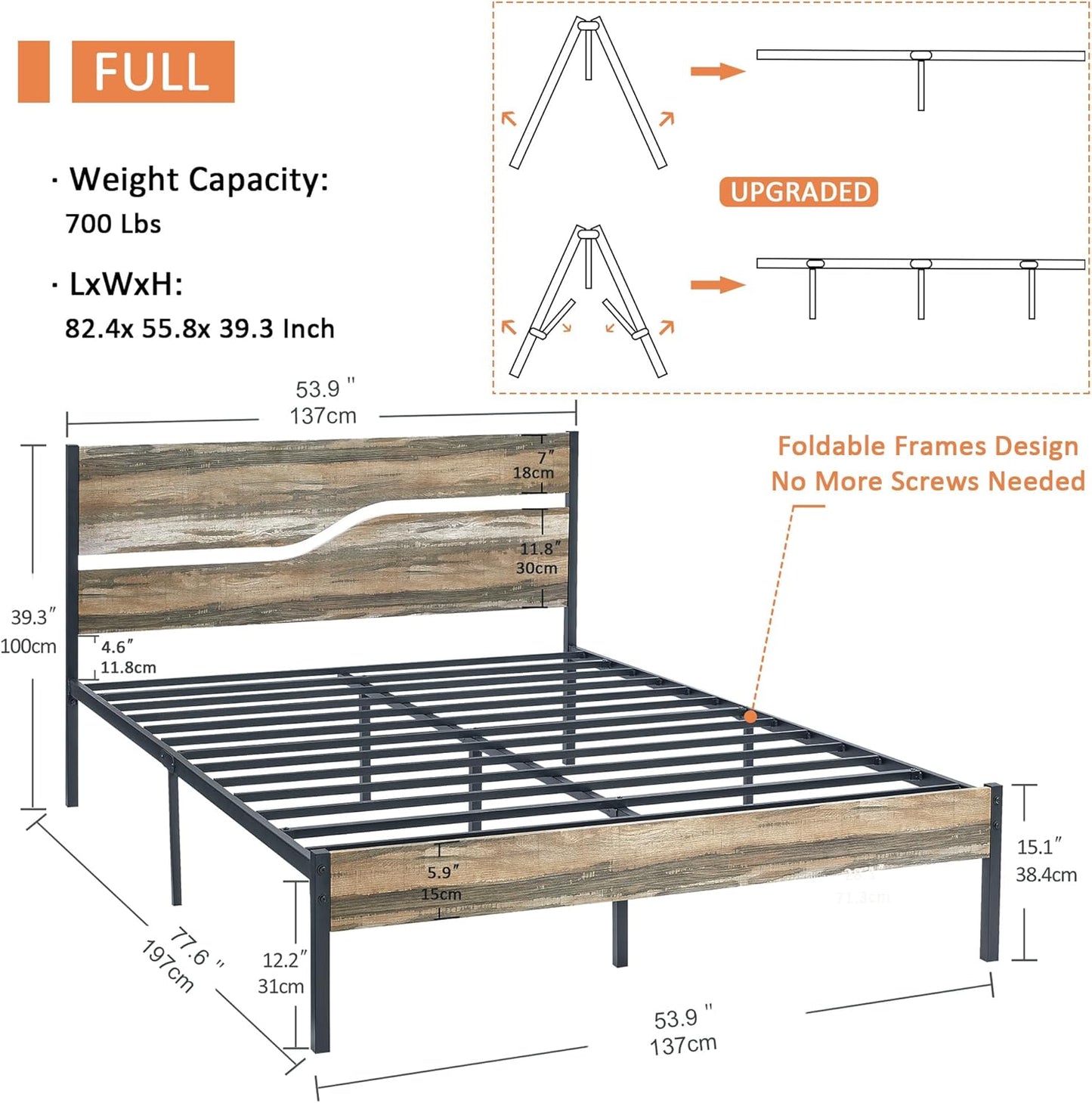 VECELO Full Size Platform Bed Frame with Wood Headboard, Strong Metal Slats Support Mattress Foundation, No Box Spring Needed