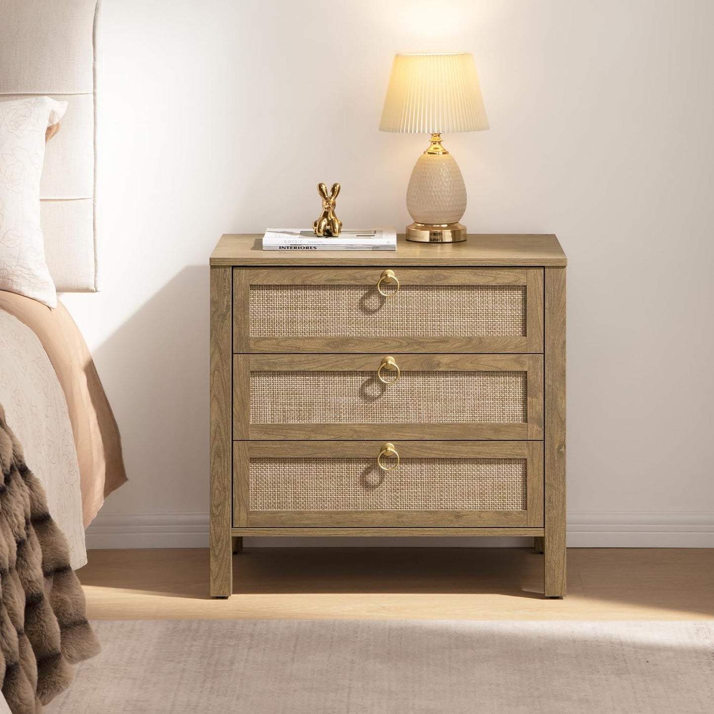 SICOTAS Night Stand with Drawers, Large Rattan Bedside Table with Golden Handle, 3 Drawers Nightstand Tall End Table Side Table Boho Nightstand for Bedroom