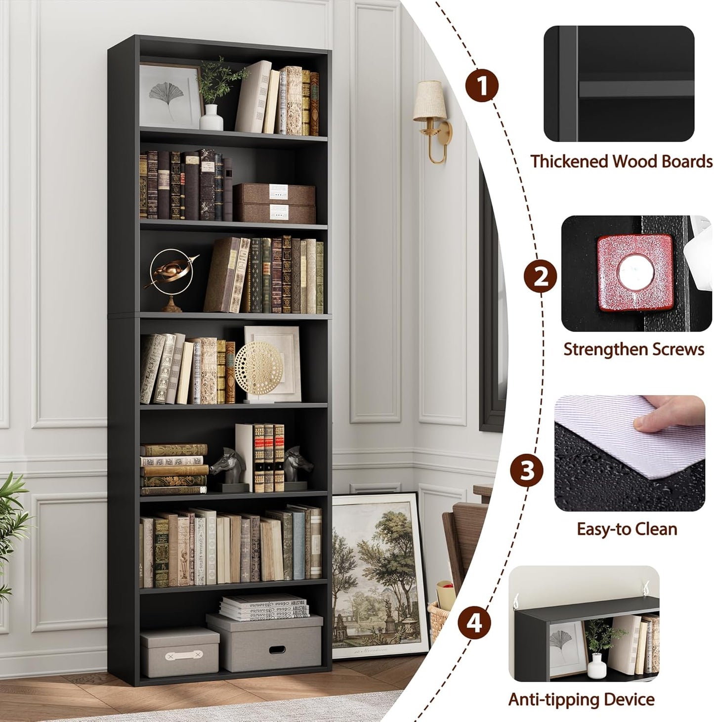 82" Tall Bookshelf, 7-Tier Open Shelves Bookcase, Freestanding Display Storage Shelves, Tall Bookcase Home Decor Furniture for Home Office, Living Room, Bedroom, Black