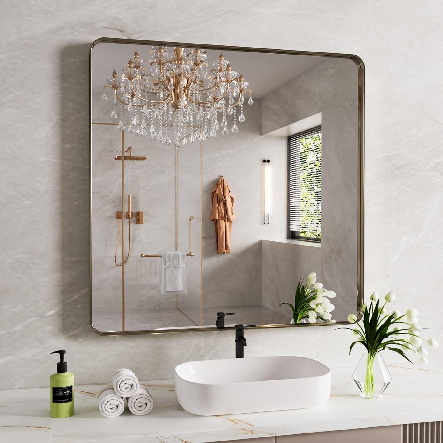 Bronze Bathroom Mirror 36x36 Inch, Brushed Bronze Metal Frame Mirror for Wall, Rounded Rectangle Bathroom Vanity Mirror with Tempered Glass, Anti-Rust, Horizontal/Vertical