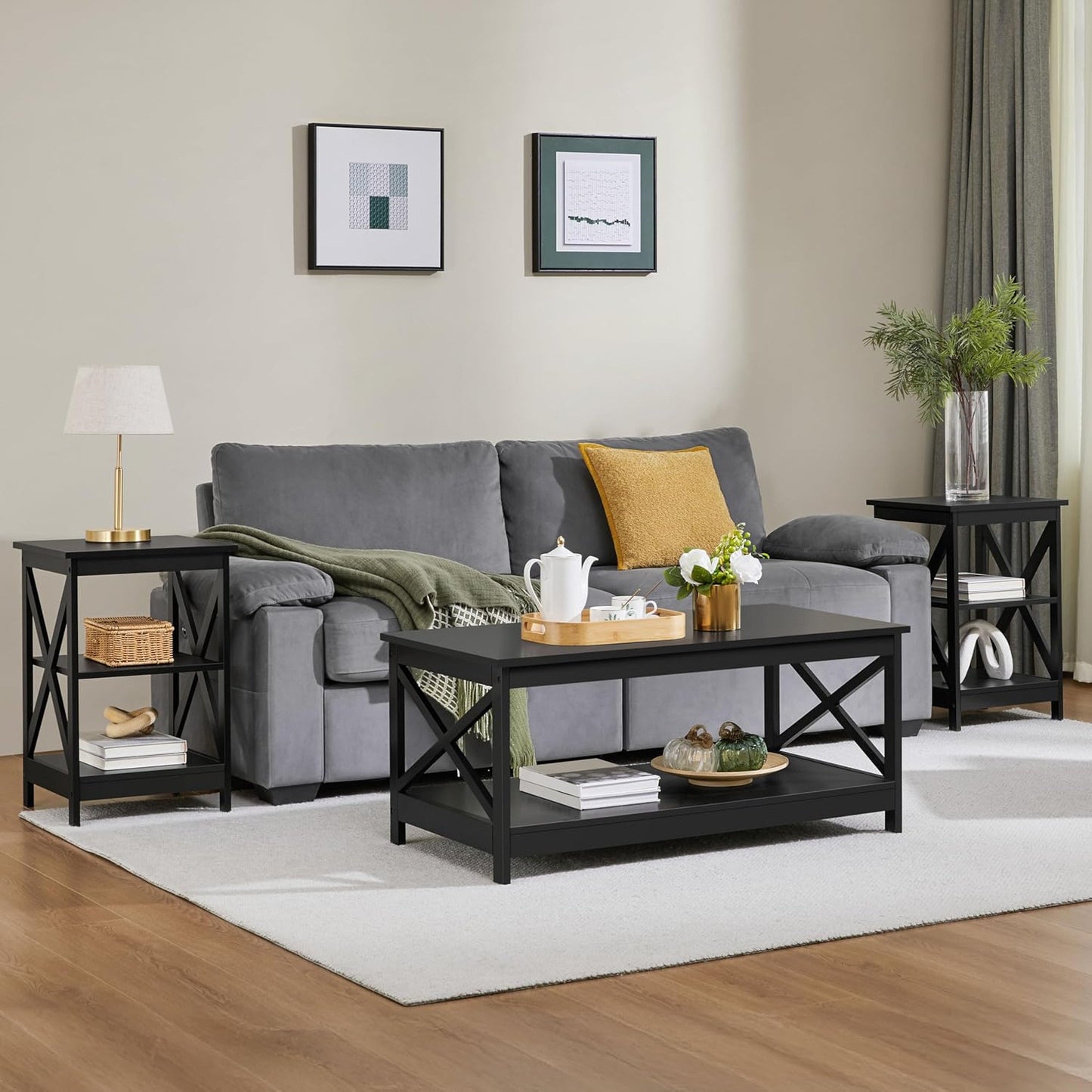 Yaheetech 3 Tier Sofa Side End Table with Shelf, X Shape Chair Side Coffee Snack Table for Living Room, Display Unit Organizer, Black