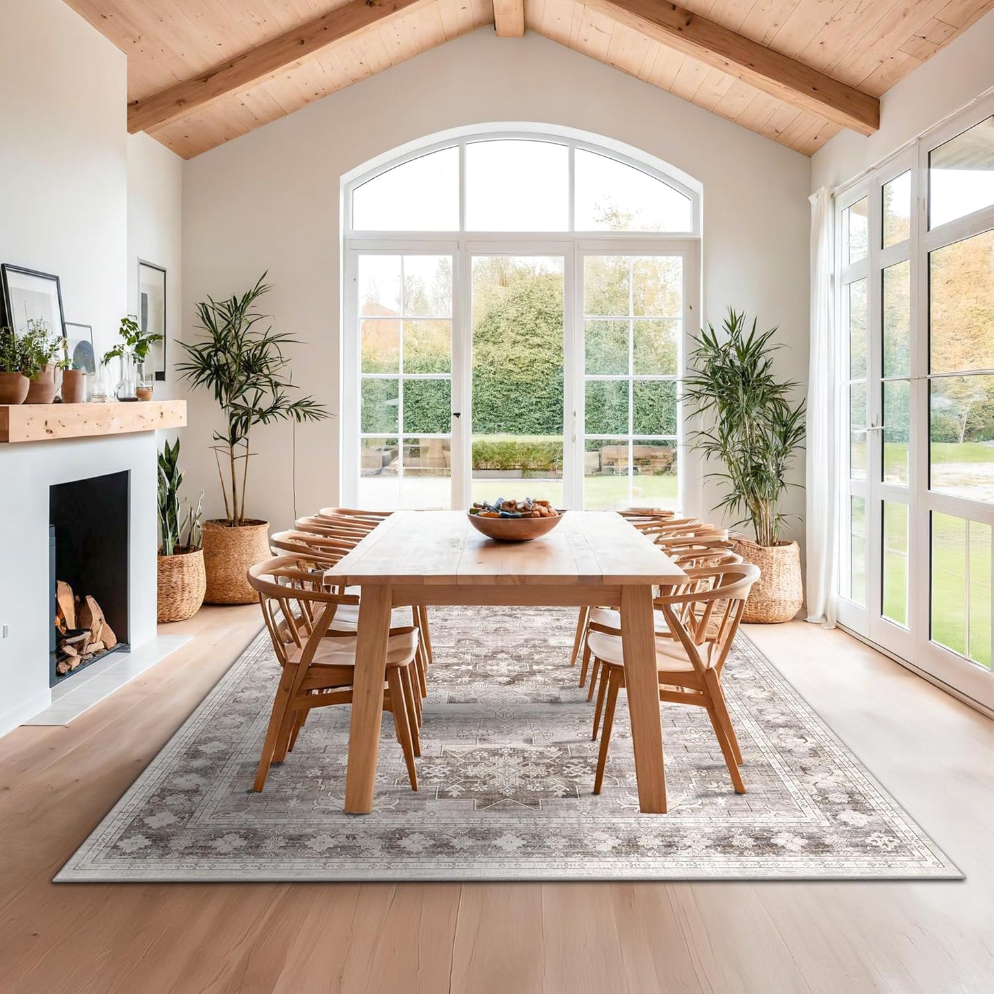 Washable Farmhouse Living Room Rug, 8x10 Area Rugs for Bedroom, Dining Room Under Table Carpet, Kids Room, Large Boho Vintage Non-Slip Floral Rugs Low Pile Stain Resistant (8x10 Beige/Latte)