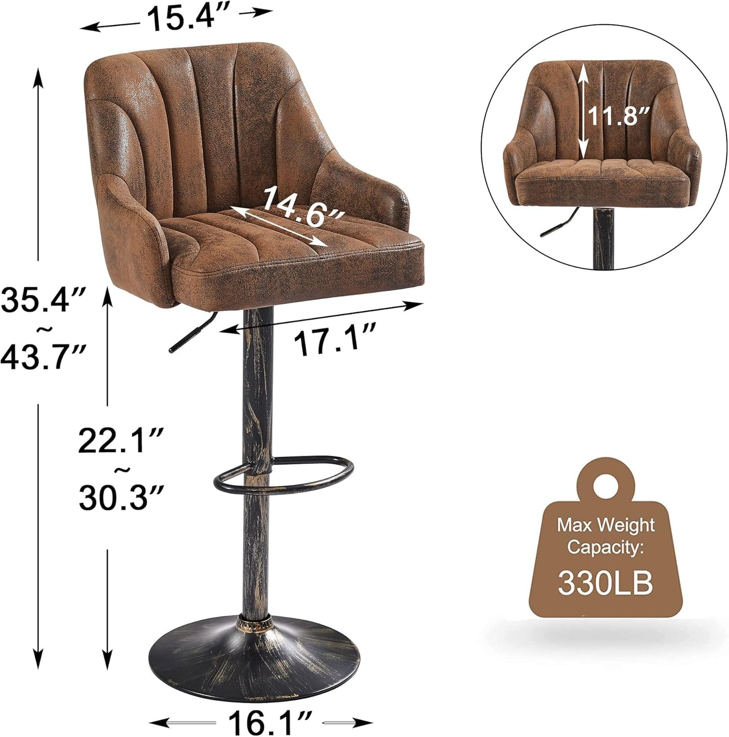 VECELO Bar Stools Set of 2, Adjustable Counter Height Barstools with Back and Arm, Swivel Bar Chair Stools for Kitchen Counter Island Cafe Dining Room, Industrial Style, Brown