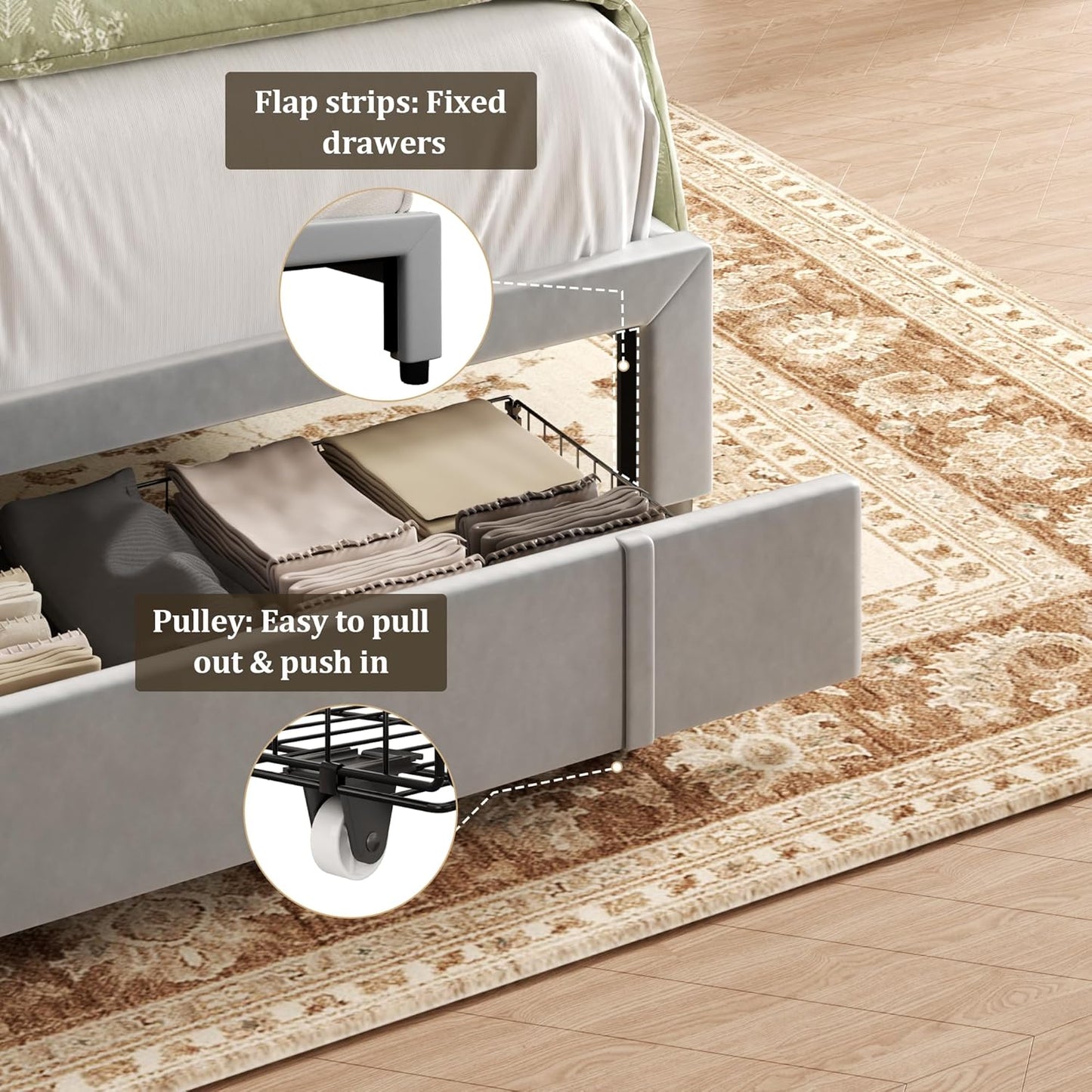 Full Bed Frame with Storage Drawers, Upholstered Platform Bed with Headboard and Wingboard, No Box Spring Needed, Noise Free, Easy Assembly, Wooden Support Slats, Light Grey