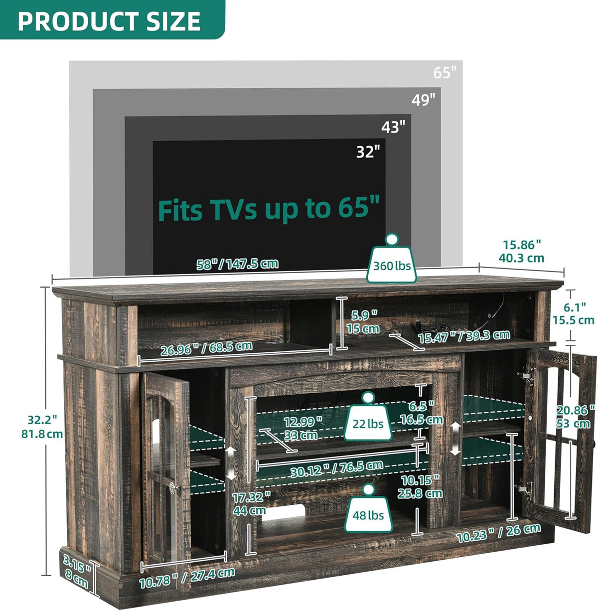 YITAHOME LED Farmhouse TV Stand for 65 Inch w/Outlets, Modern Entertainment Center with Glass Doors and Adjustable Storage Shelves, Media Console TV Cabinet for for Living Room, Dark Rustic Oak