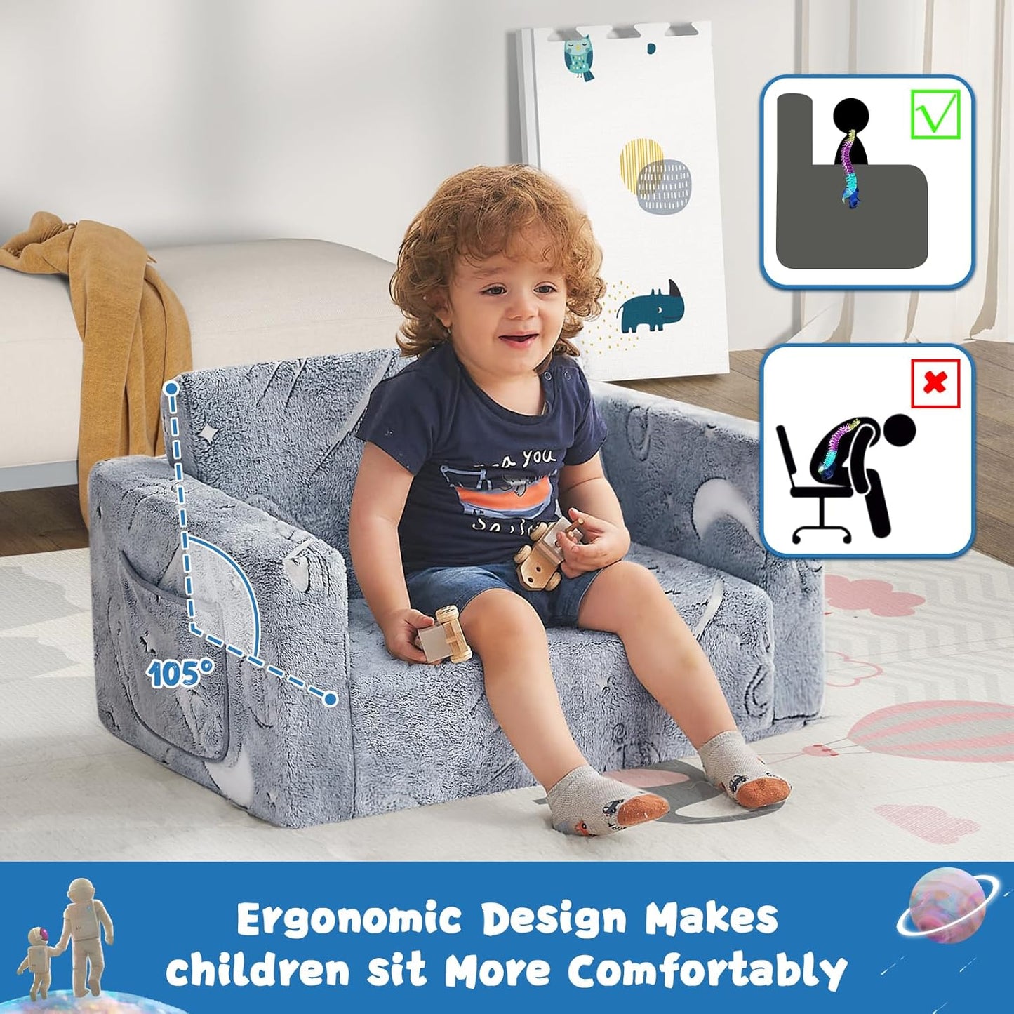 Toddler Chair Comfy,2-in-1 Soft Toddler Couch Fold Out for Kids,Convertible Sofa to Lounger,Gift for Girls and Boys Birthday,Space,Medium
