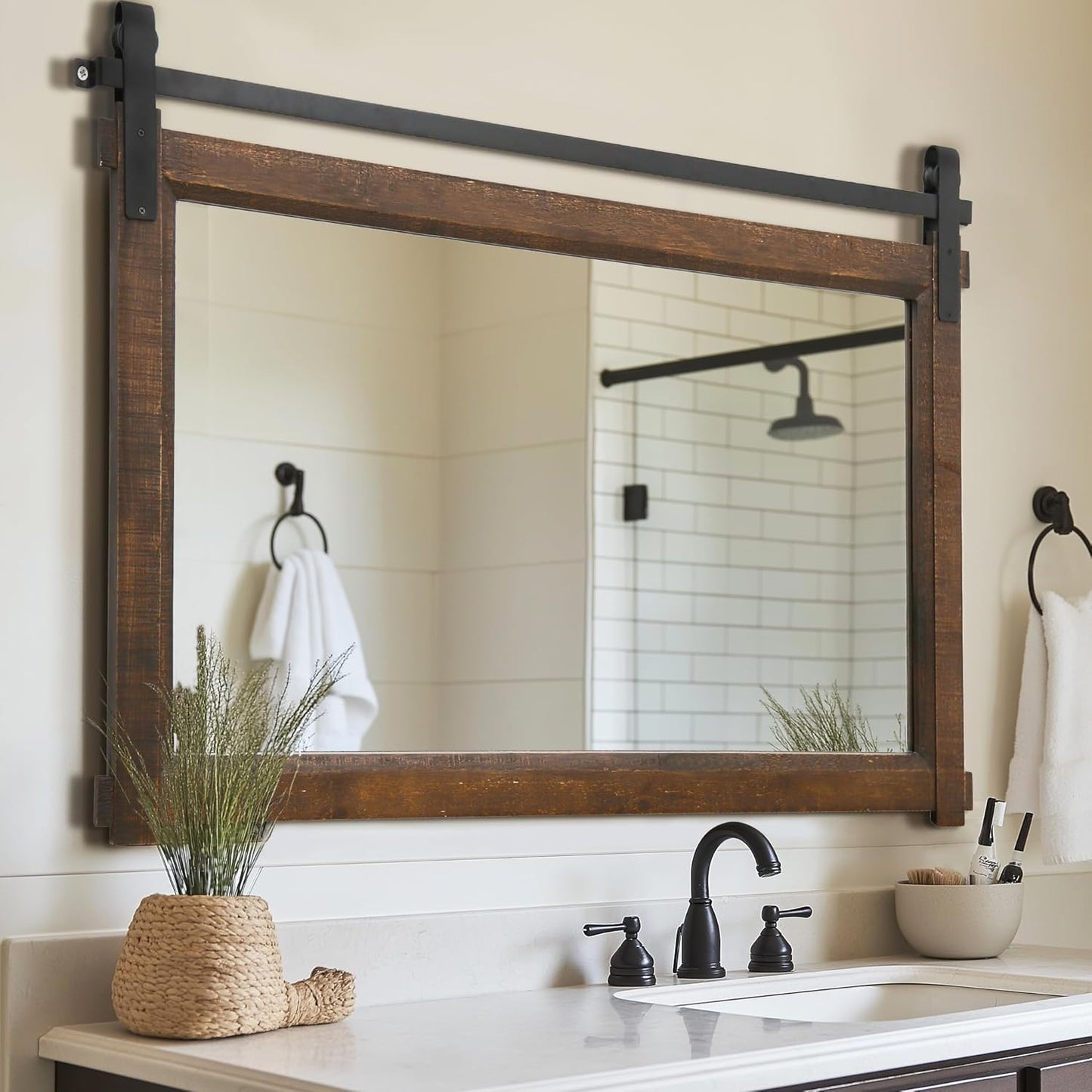 Bathroom Barn Door Mirror: 42"x28" Brown Farmhouse Wood Frame - Rustic Wall Mirror for Entryway/Living Room Wall Decor