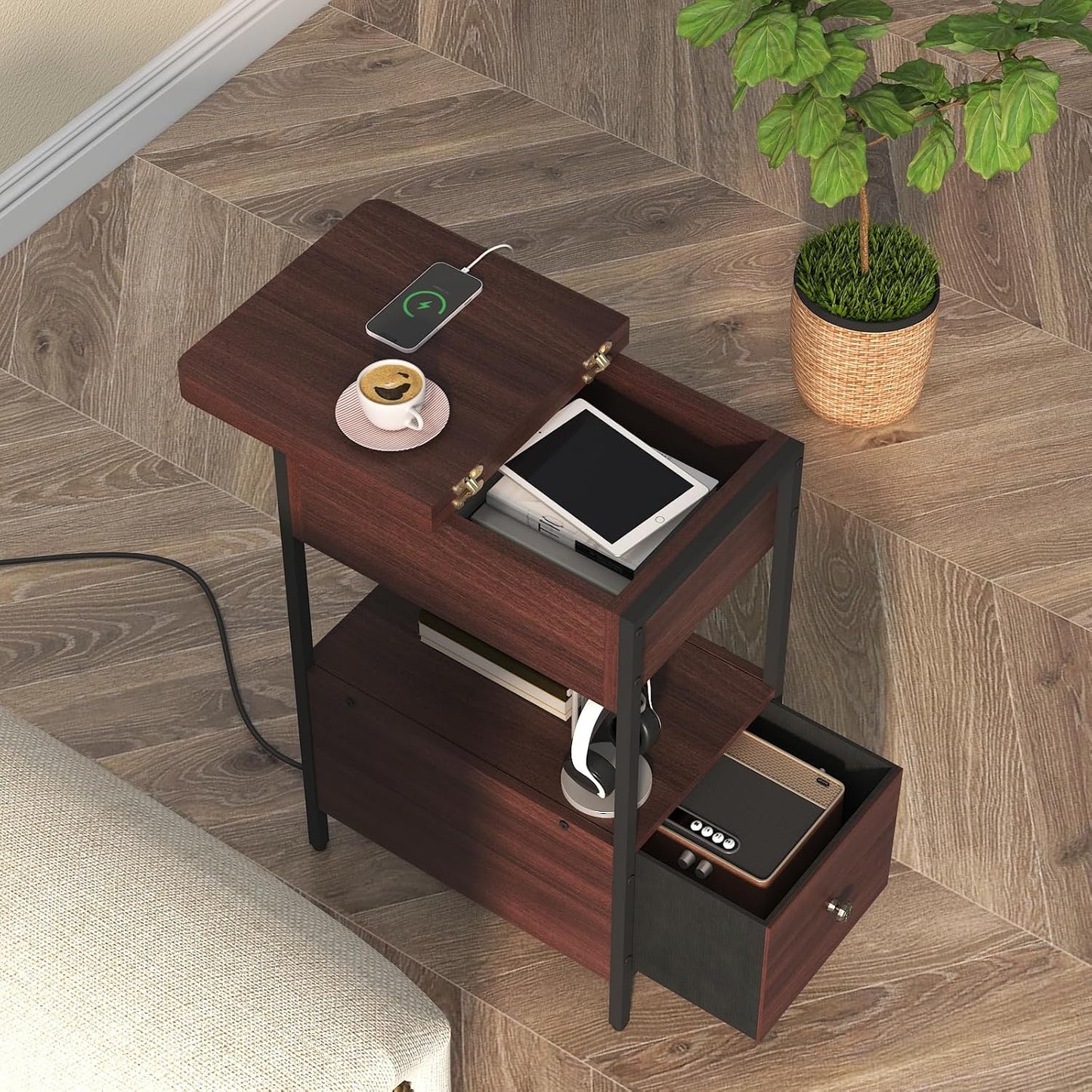 SOOWERY End Table with Charging Station, Narrow Side Table with Flip Top Cabinet and Fabric Drawer, Nightstand Bedside Tables for Small Spaces, Bedroom, Living Room, Dark Cherry
