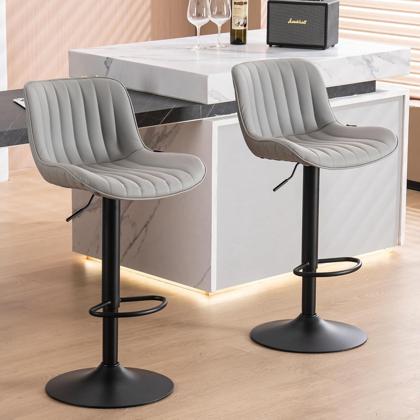 YOUNUOKE Counter Height Bar Stools Set of 2 Upholstered Kitchen Island Barstools Adjustable Swivel Stools with Back Mid Century PU Leather Padded Chairs Grey