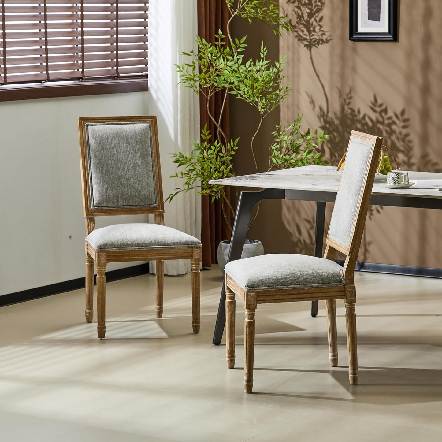 Christopher Knight Home Regina French Country Dining Chairs Set of 2, Wooden Dining Room Chair, High Back Kitchen Side Chair, Fabric Upholstered Armless Extra Seat, Grey and Natural