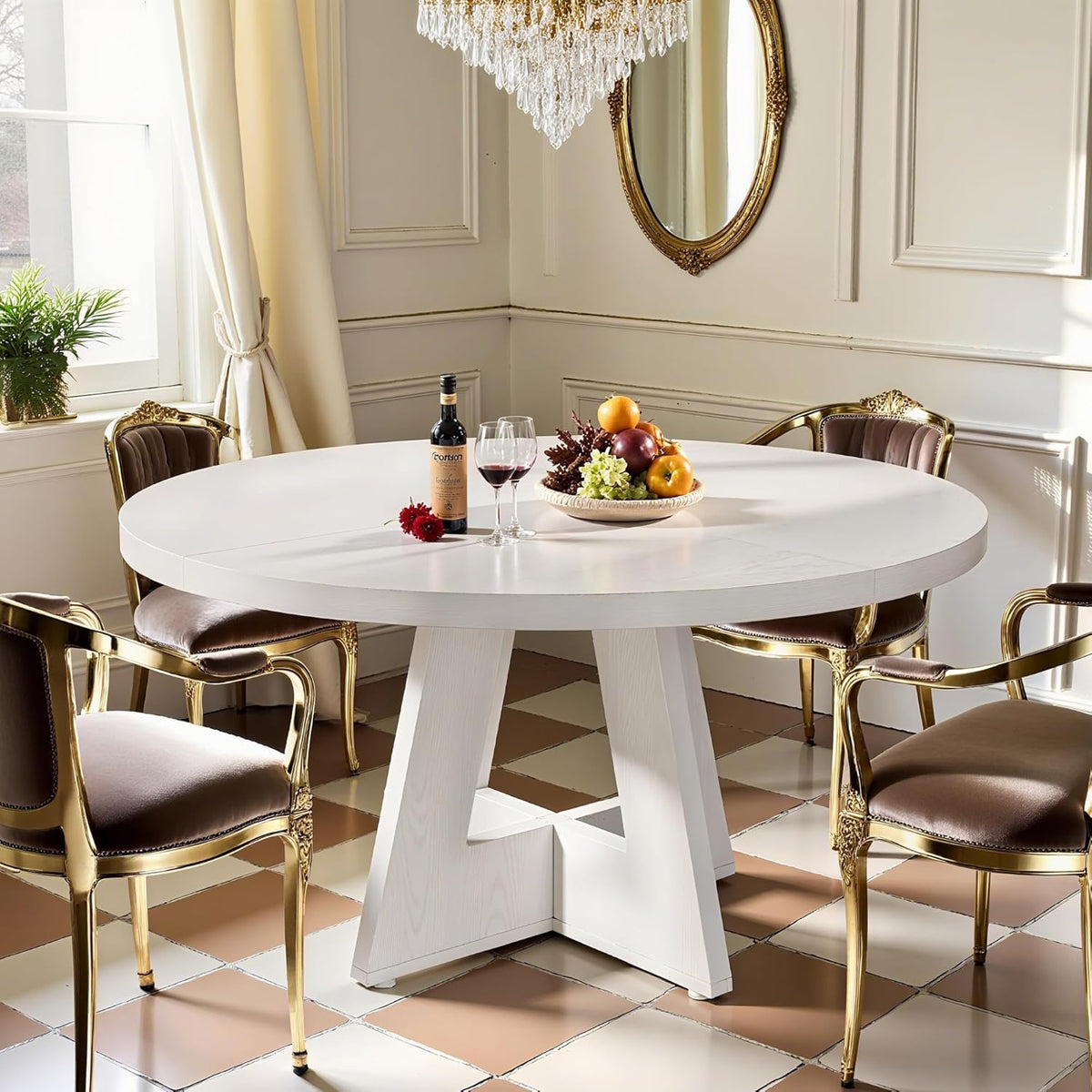47" Round Dining Table for 4-6, Modern Small Dinner Table Farmhouse Round Kitchen Tables with Wooden Cross Base for Dining Room, Kitchen, Living Room, White
