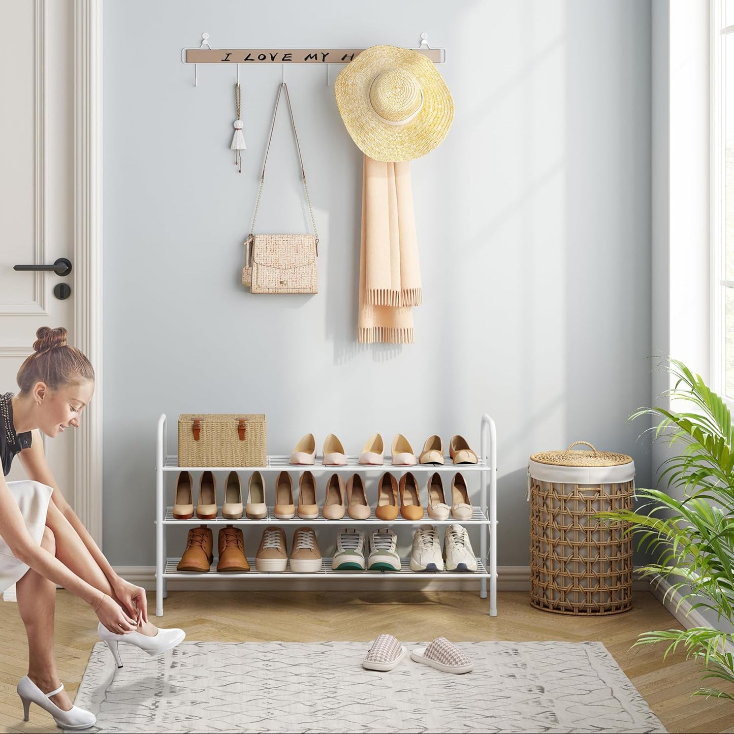 Hoctieon 3 Tier Mesh Style Shoe Rack, Entryway Shoe Shelf, Shoe Storage Organizer, Shoe Rack for Closet, Space Save for Bathroom, Garage, Hallway, Bedroom, Living Room, White