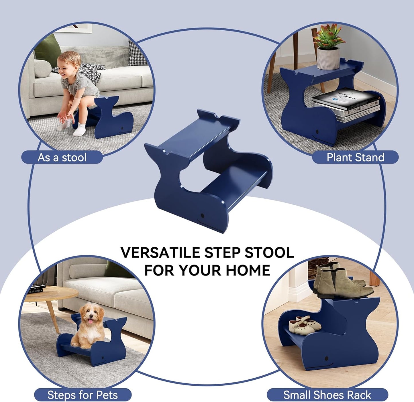 Wood Step Stools for Kids, Child Two Step Stool of Whale Shape, Toddler Step Stools Potty Training Stool, Easy to Move Safety for Kitchen, Bathroom, Bedroom, Toilet