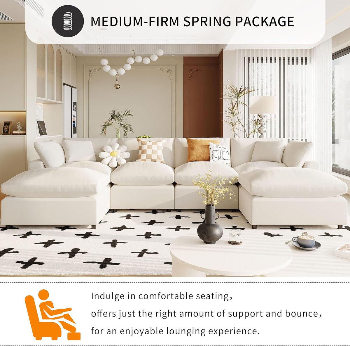 134.4 Inch U-Shaped Oversized Upholstered Sectional Sofa with Removable Ottomans, Large 6 Seater Modular Combination Corner Couch for Living Room, Office, Spacious Space, Beige