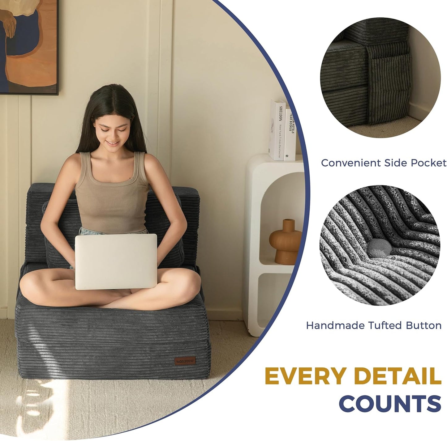 MAXYOYO Convertible Sofa Bed, Fold Out Single Sleeper Sofa with Pillow, 4 in 1 Tufted Folding Couch Bed Foam Floor Couch, Lazy Chair for Living Room Bedroom Guest Room, Dark Grey