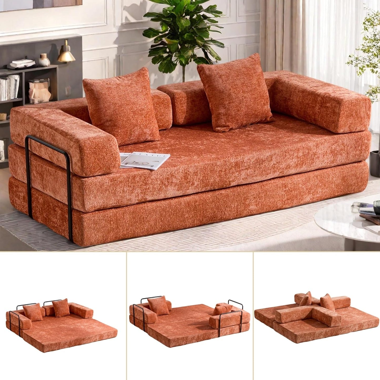 Convertible Sofa Bed, Compression Futon Sofa with Pillows & Armrest, Foldable Mattress Couch with Fixed-Shape Frame, Comfy Couch Lounge Sleeper Bed for Living Room Bedroom, Orange