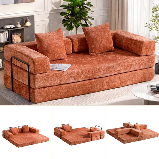 Convertible Sofa Bed, Compression Futon Sofa with Pillows & Armrest, Foldable Mattress Couch with Fixed-Shape Frame, Comfy Couch Lounge Sleeper Bed for Living Room Bedroom, Orange