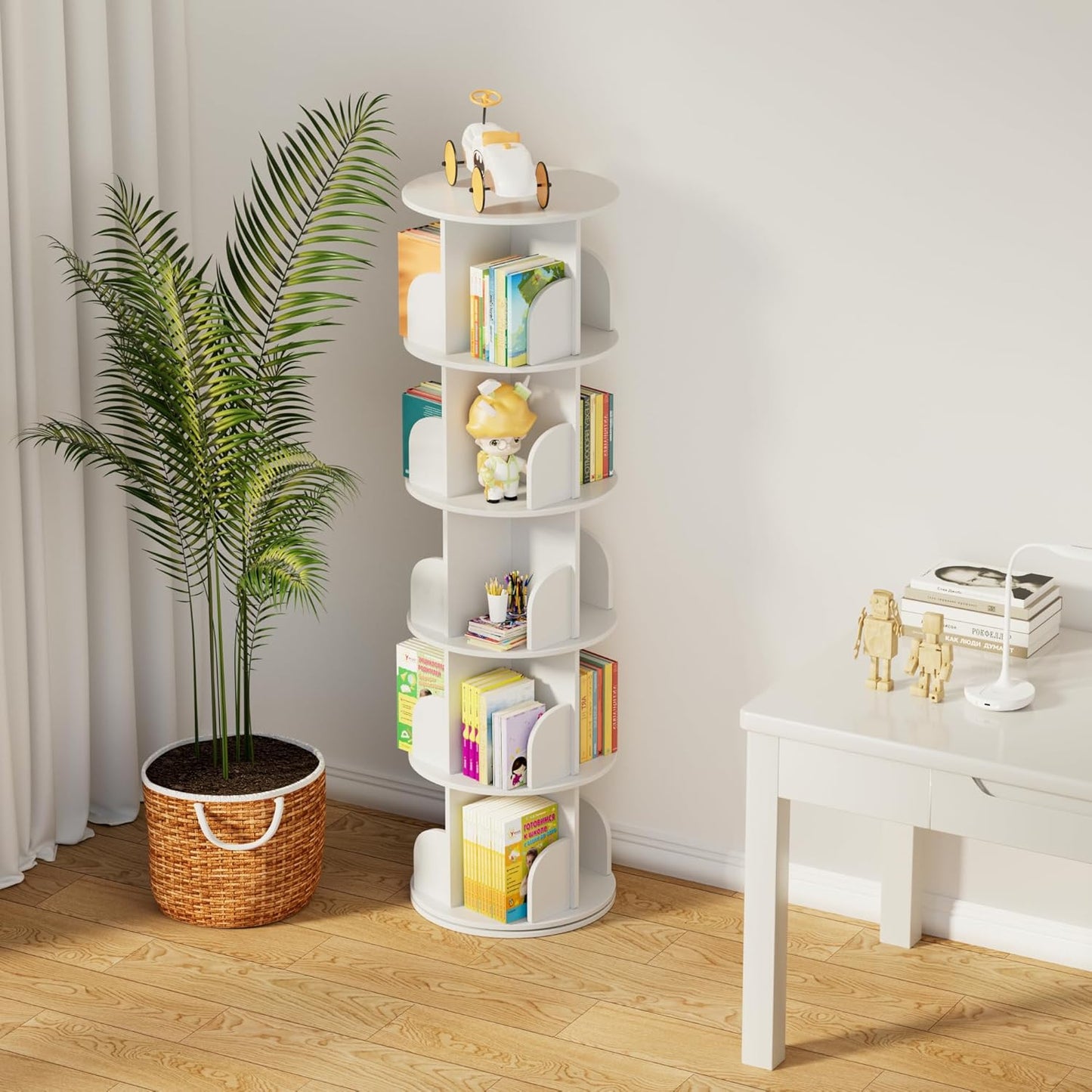 jxgzyy 5 Tier Rotating Bookshelf 62.6x18.1x18.1 Inch Corner Book Shelf 360° Display Spinning Bookcase Space-Saving for Bedroom, Living Room, Study, White