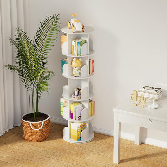 jxgzyy 5 Tier Rotating Bookshelf 62.6x18.1x18.1 Inch Corner Book Shelf 360° Display Spinning Bookcase Space-Saving for Bedroom, Living Room, Study, White