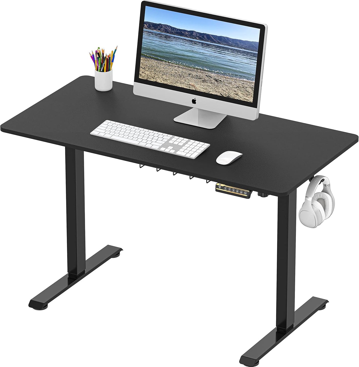 SHW 48-Inch Electric Height Adjustable Sit to Stand Desk with Hanging Hooks and Cable Management, Black Frame and Black Top