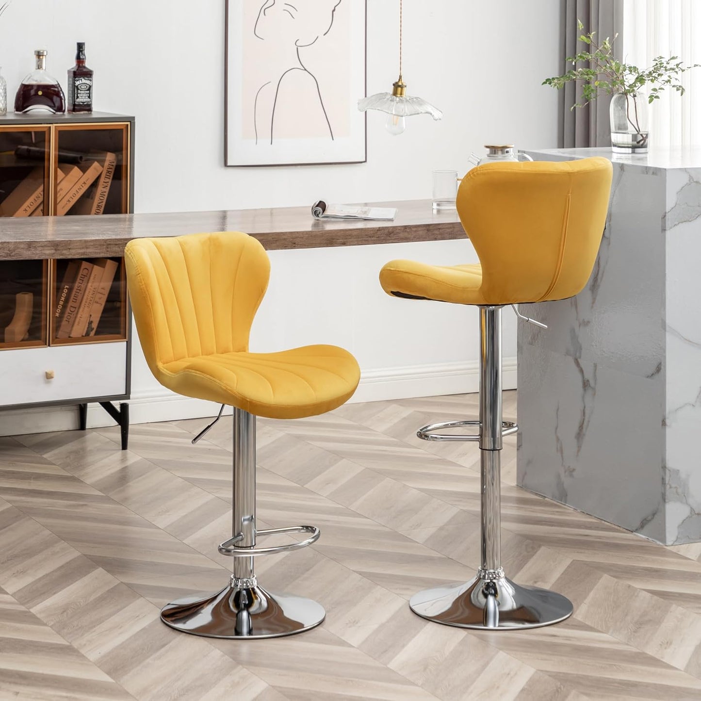 Roundhill Furniture Ellston Velvet Adjustable Swivel Barstools in Yellow, Set of 2