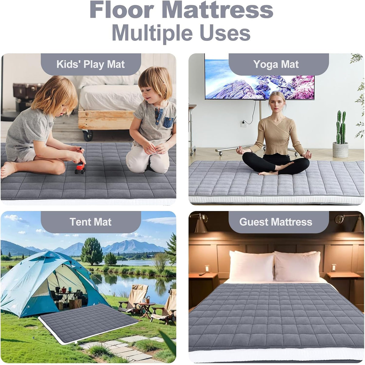 Tiita Japanese Floor Mattress Futon Mattress 4” Thick Folding Roll Up Sleeping Pad with Bag & Strap, Bed Topper Mat for Guest, Lounger and Tavel, Gray,Twin Size