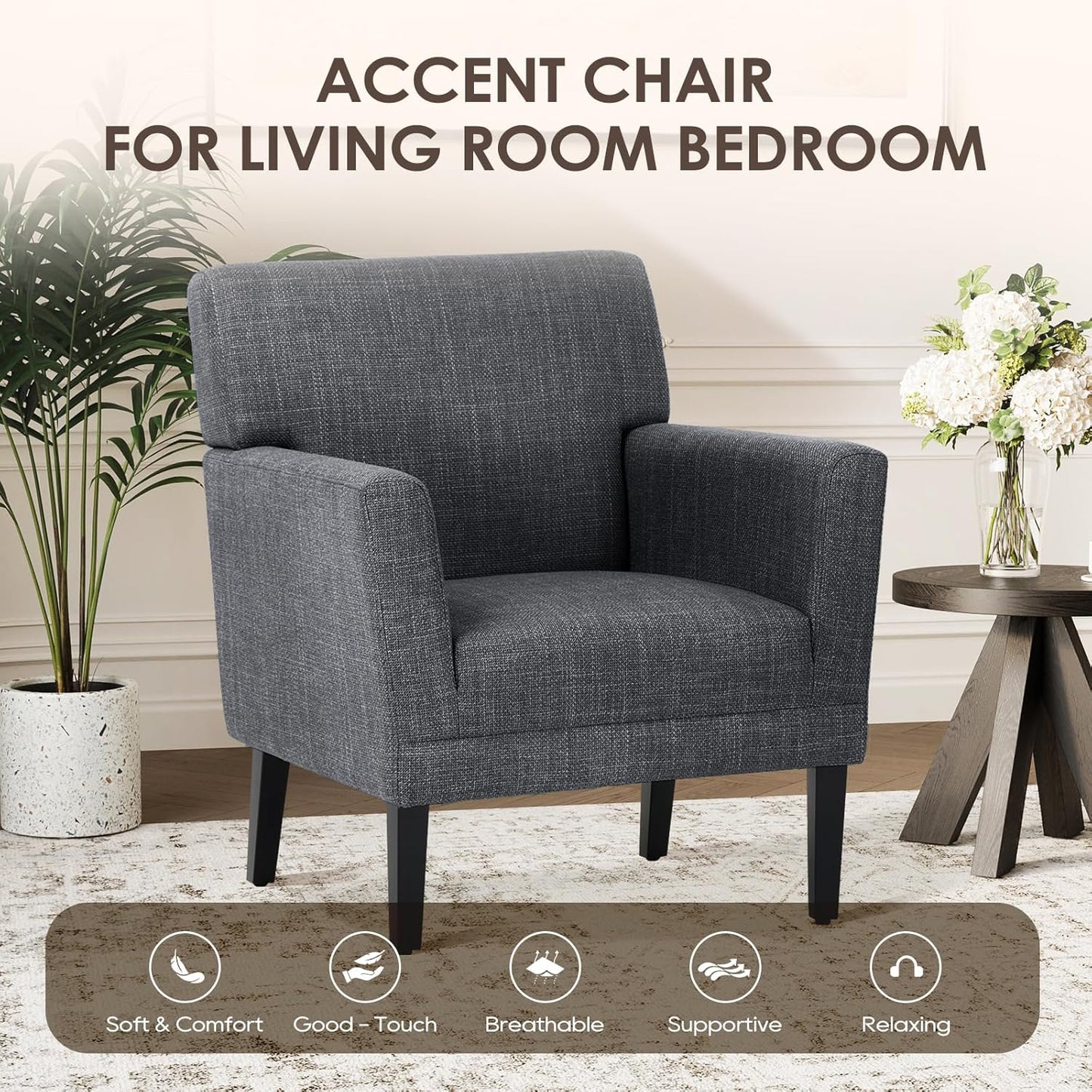 COLAMY Accent Chair Set of 2 for Living Room, Modern Upholstered Fabric Accent Armchair with Back, Soft Single Sofa Chair with Arms for Bedroom/Office/Reception Room, Dark Grey