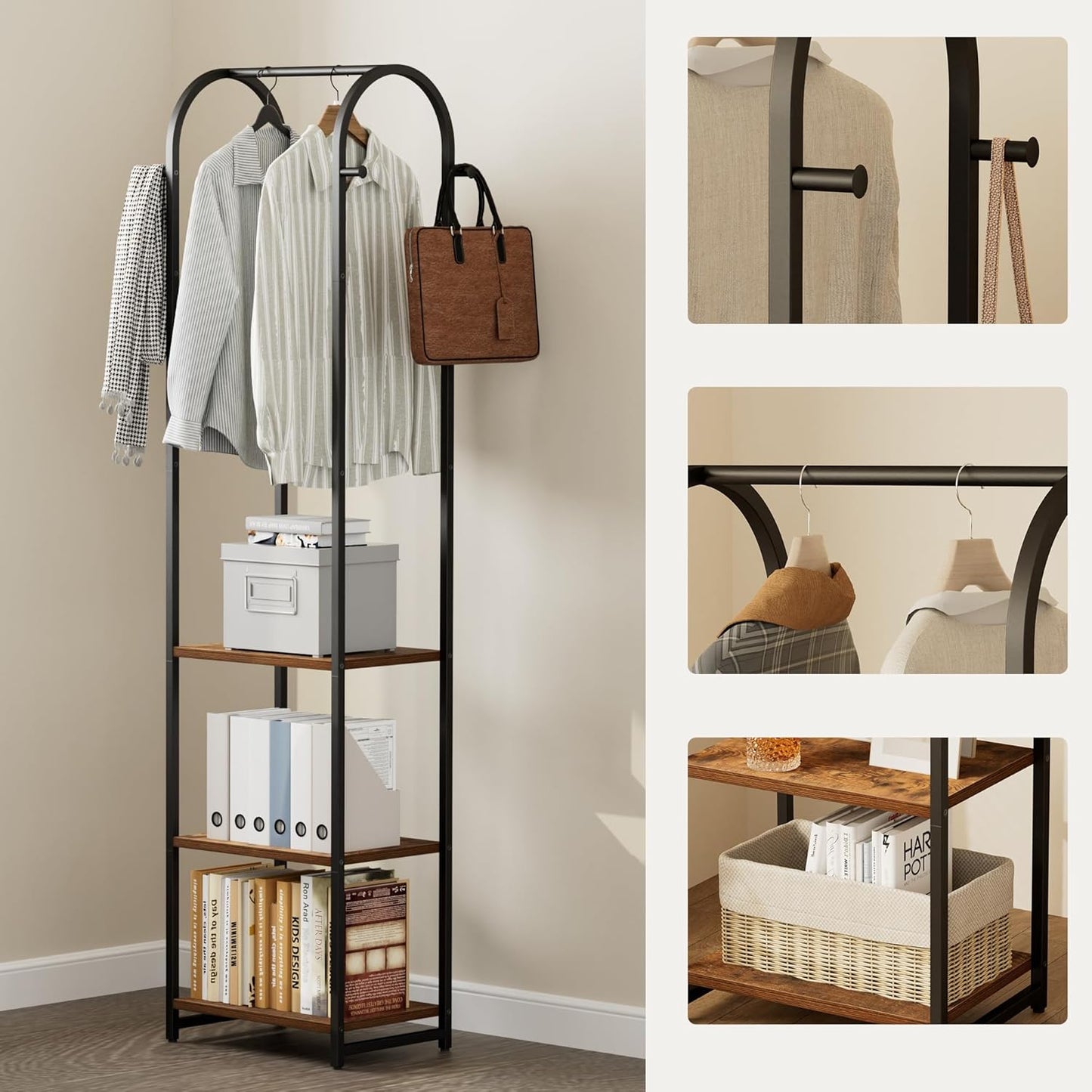 Garment Rack, Coat Rack With 3 Shelves and 4 Hooks, 71" H Clothes Stand For Hanging Clothes, Hanging Rod For for Bedroom, Hallway, Entryway, Office, Living Room, Rustic Brown and Black
