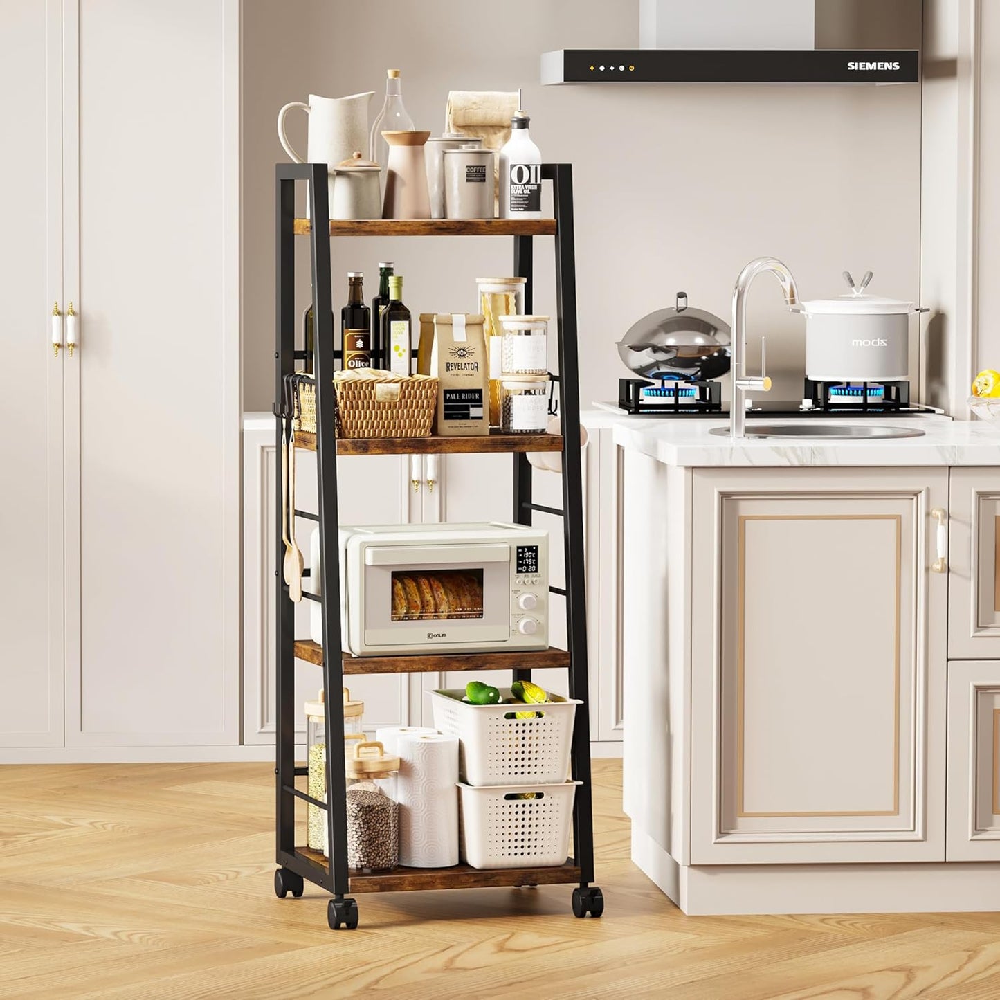 4 Tier Kitchen Storage Cart with Lockable Wheels & 6 Hooks, Mobile Utility Organizer Rolling Cart for Small Spaces, Bar Cart for Kitchen and Living Room, Rustic Brown