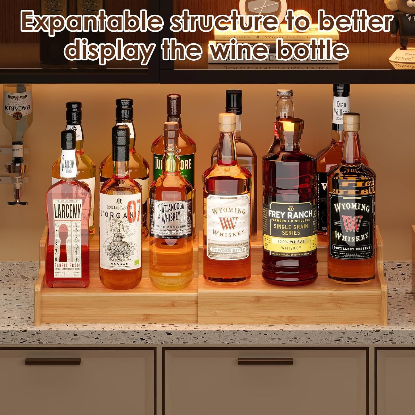 X-cosrack Expandable Liquor Bottle Display Shelf, Tabletop Wine Rack, Countertop Coffee Syrup Organizer Rack, Bamboo Bottle Stand for Liquor Whiskey Display Bar Shelves, Home Bar Display