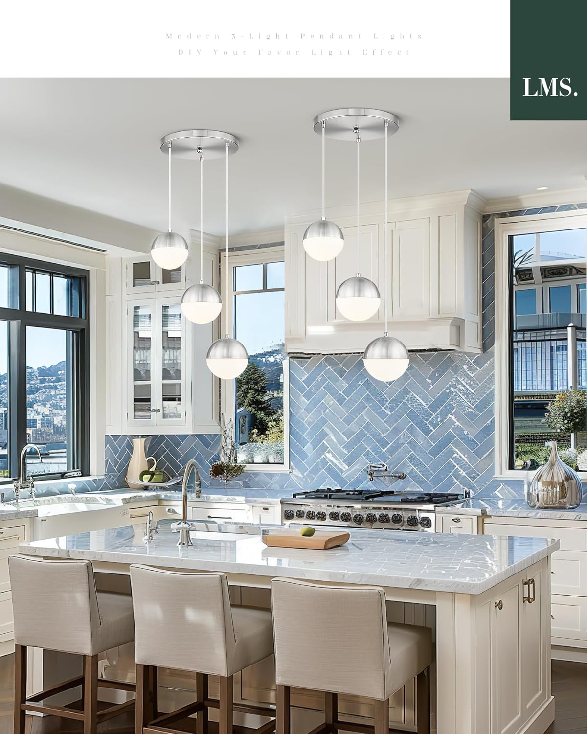 LMS Modern Brushed Nickel 3-Light Cluster Pendant Lights, Mid Century Pendant Lighting with White Globe Glass Shade, Adjustable Hanging Cord Ceiling Light for Home Office Dining Room, LMS-186BN3