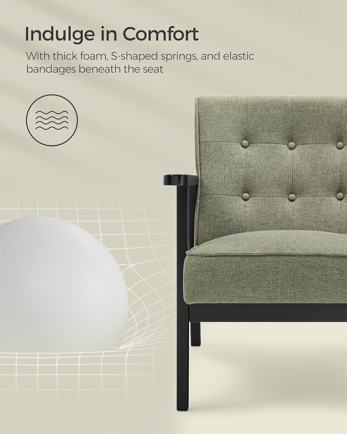 SONGMICS Accent Leisure Chair, Mid-Century Modern Arm Chair with Solid Wood Armrests and Legs, 1-Seat Cushioned Sofa for Living Room Bedroom Balcony Studio, Olive Green ULAC001C01