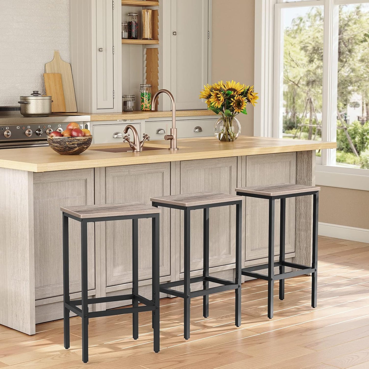 Bar Stools, Set of 2 Bar Chairs, Kitchen Breakfast Bar Stools with Footrest, 25.8" Dining Stools, Rectangular Industrial Bar Chairs, for Dining Room, Kitchen, Greige BAHG0101Z