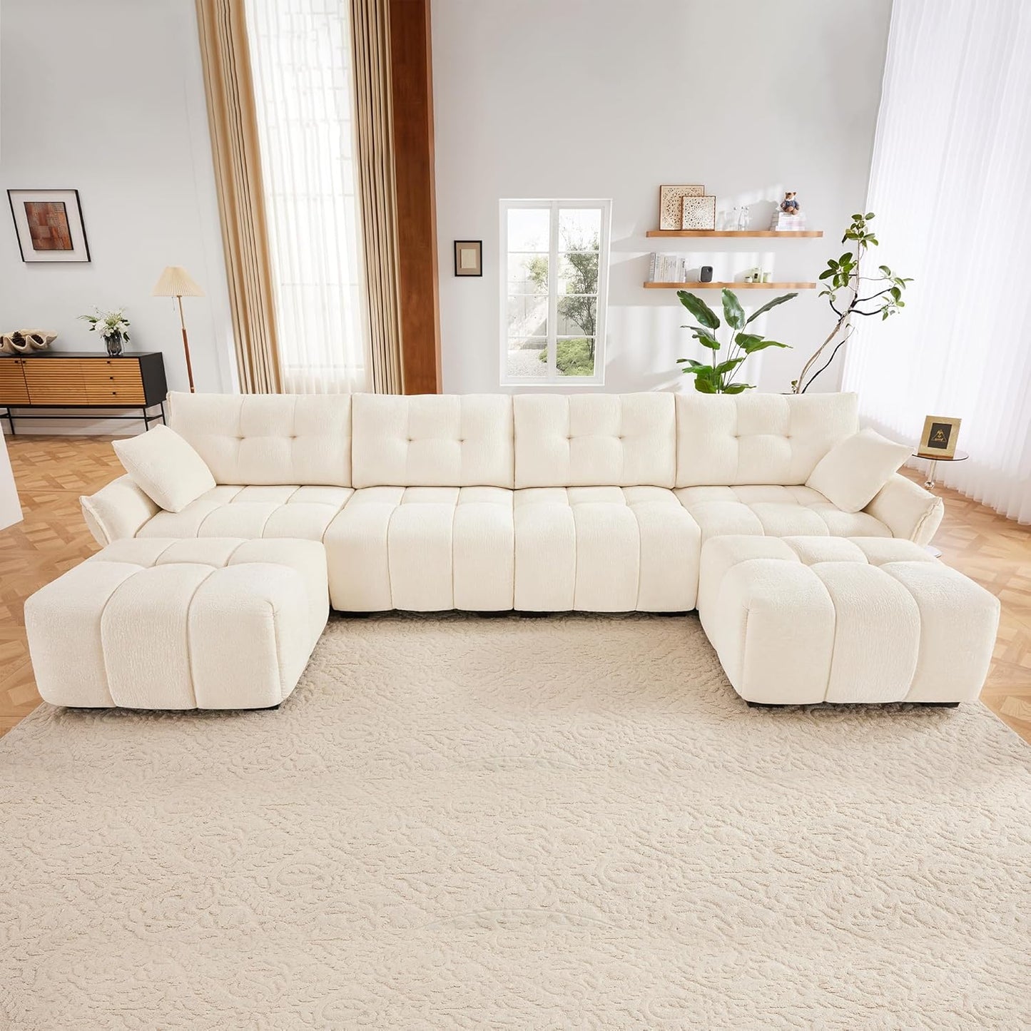 Modern Chenille Fabric 4-Seat Sofa w/Two Ottoman+2 Pillows, Premium Upholstery Living Room Couch with Tufted Backrest & Comfortable Armrests and High-Resilience Memory Foam Cushions,White