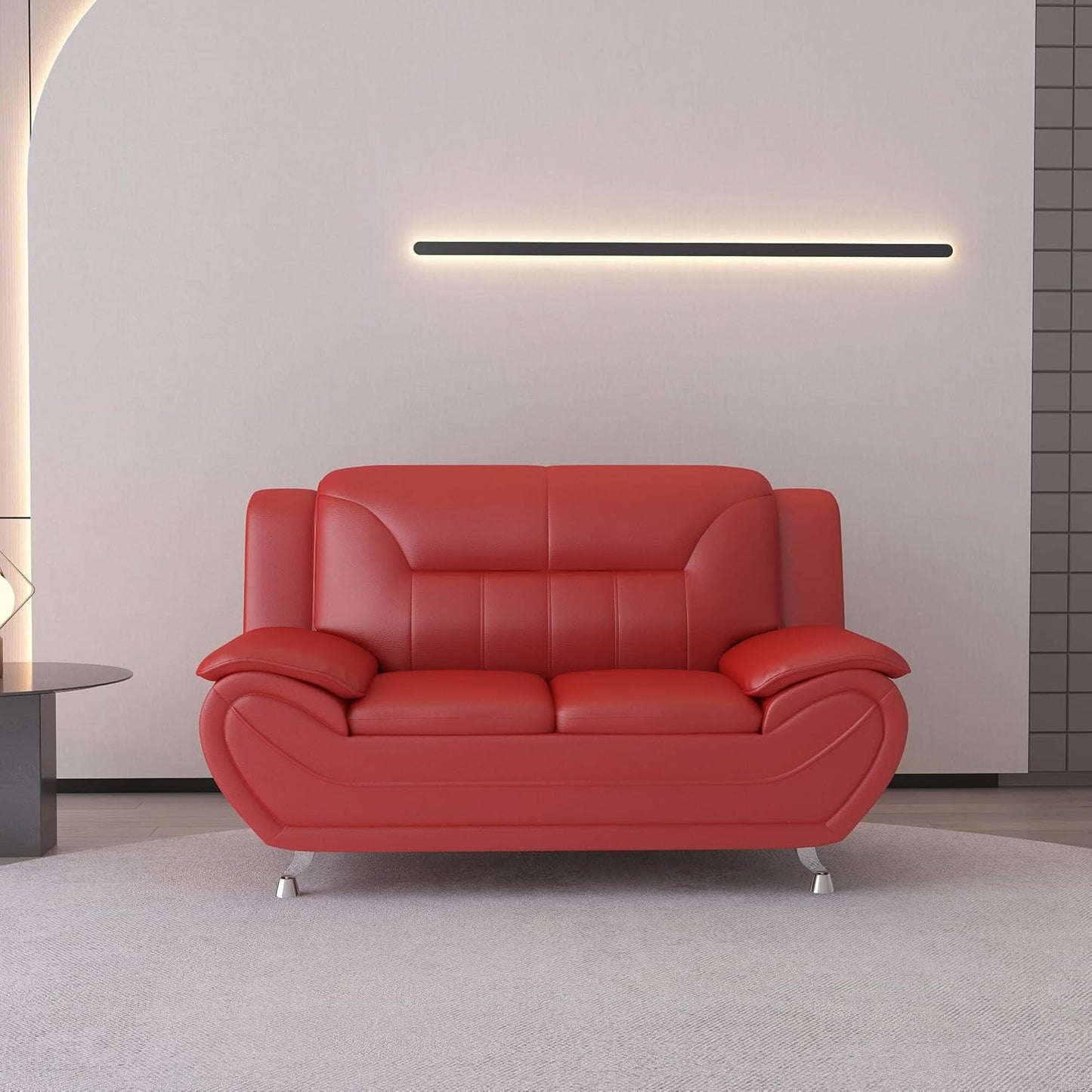 Container Furniture Direct Michael Modern Faux Leather Upholstered Stainless Steel Legs Living Room Loveseat, Red