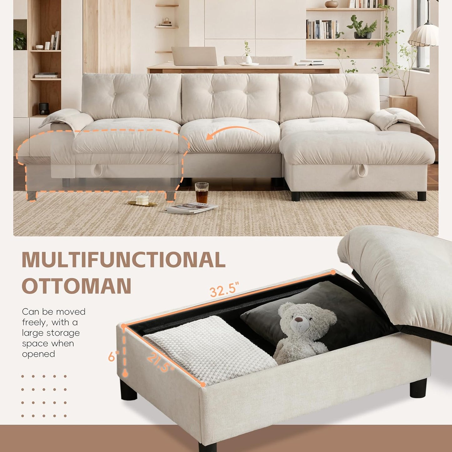 Mreax L-Shape Sectional Sofa with Movable Storage Ottoman and Multifunctional Armrest, 4 Seater Oversized Chenille Upholstered Cloud Couch for Living Room, Apartment, Unique Tufted Design, Beige