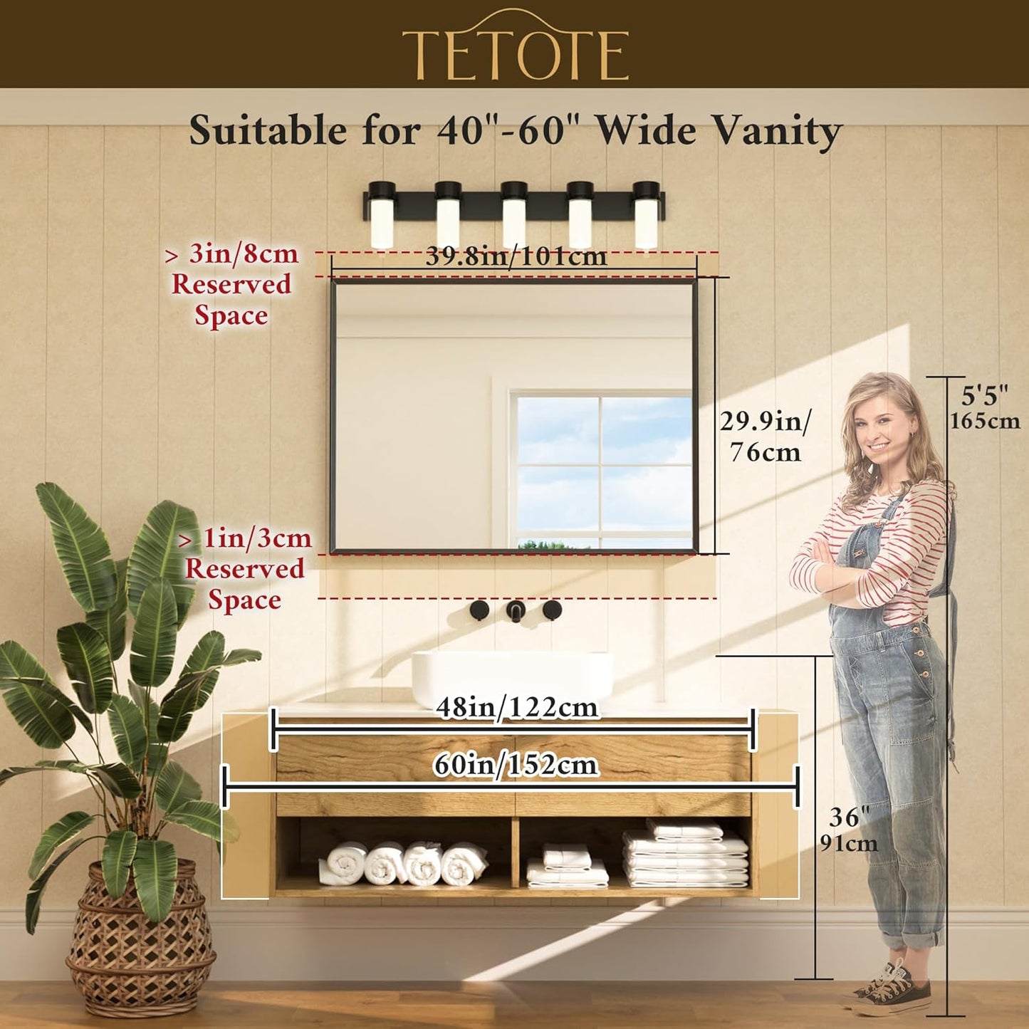 TETOTE Black Framed Mirror for Bathroom Vanity 40" x 30" Matte Black Rectangle Beveled Frame Wall Mirror for Over Sink, Tempered Glass, Modern Farmhouse Bedroom, Entryway, Living Room