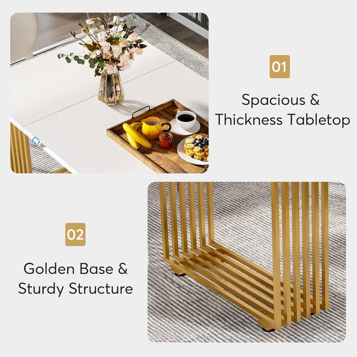 Tribesigns Modern Dining Table for 6-8 People, 70.8 Inches Long White Room Kitchen, Wood Kitchen with Gold Metal Legs, Rectangular Dinner Room, Family Gathering